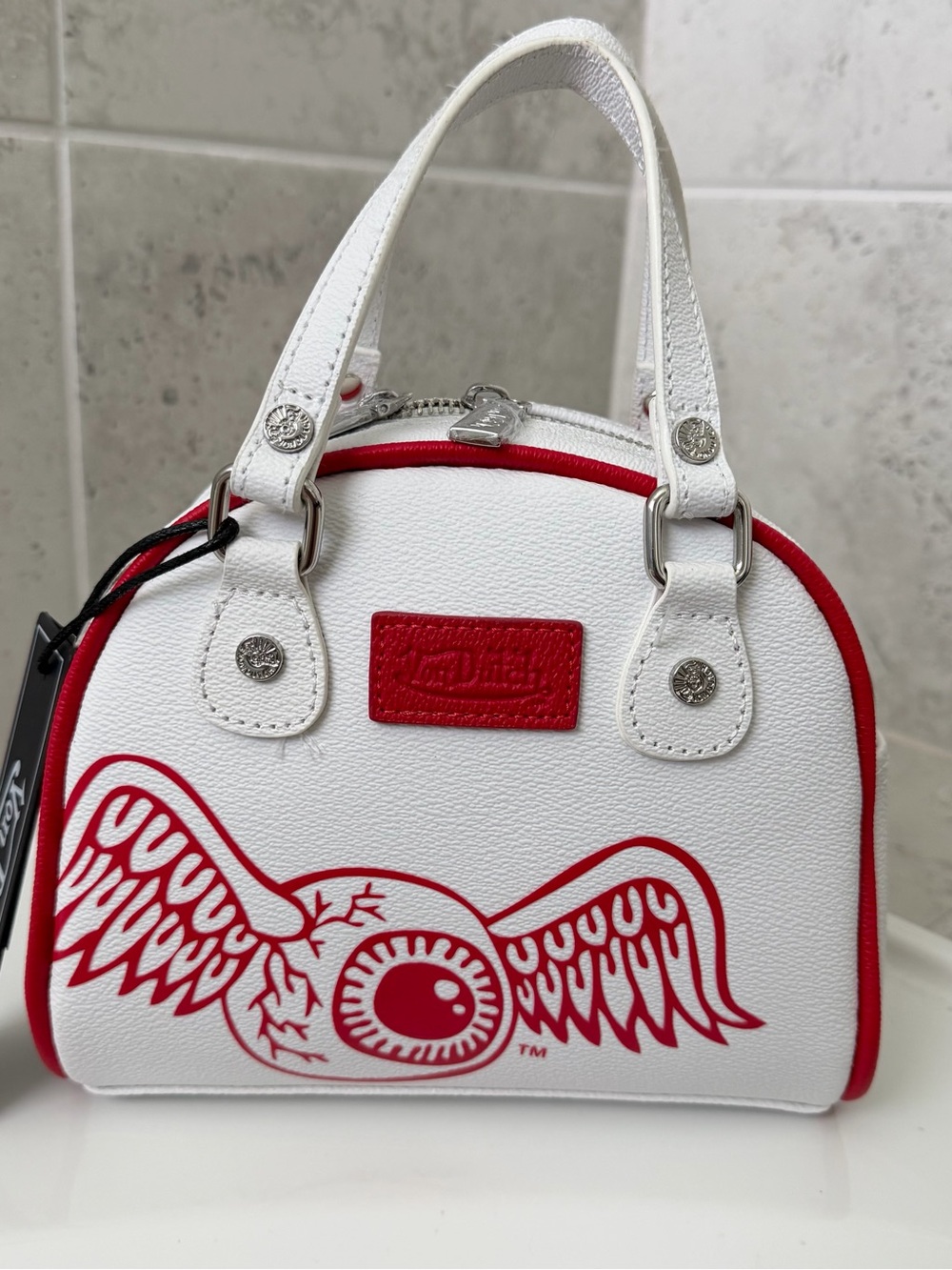 Von Dutch White and Red Winged Eyeball Dome Satchel